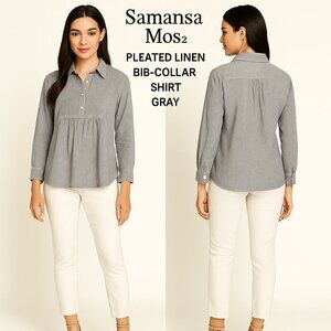 Semansa Mos2 Gray Pleated Linen Button Down Shirt with Bib Collar